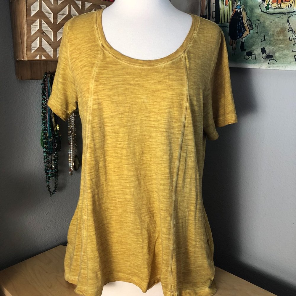 LOGO Lori Goldstein Womens Genesis Top XS Marigold Yellow Short Sleeve Tunic NEW